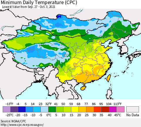 China, Mongolia and Taiwan Minimum Daily Temperature (CPC) Thematic Map For 9/27/2021 - 10/3/2021