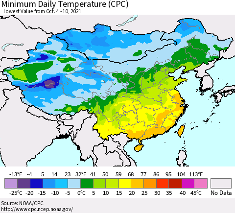 China, Mongolia and Taiwan Minimum Daily Temperature (CPC) Thematic Map For 10/4/2021 - 10/10/2021