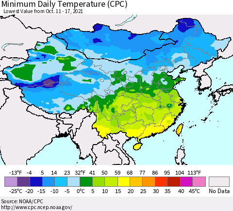 China, Mongolia and Taiwan Minimum Daily Temperature (CPC) Thematic Map For 10/11/2021 - 10/17/2021