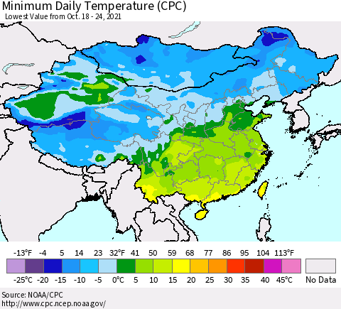 China, Mongolia and Taiwan Minimum Daily Temperature (CPC) Thematic Map For 10/18/2021 - 10/24/2021