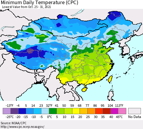 China, Mongolia and Taiwan Minimum Daily Temperature (CPC) Thematic Map For 10/25/2021 - 10/31/2021