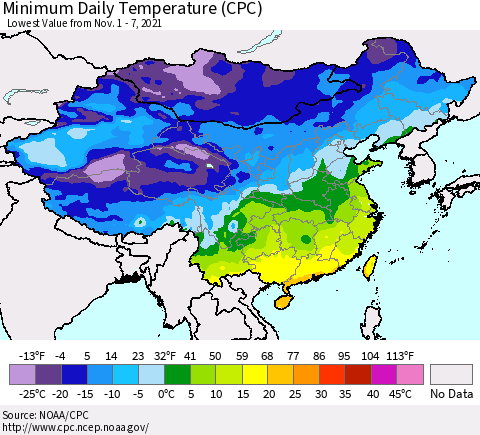 China, Mongolia and Taiwan Minimum Daily Temperature (CPC) Thematic Map For 11/1/2021 - 11/7/2021