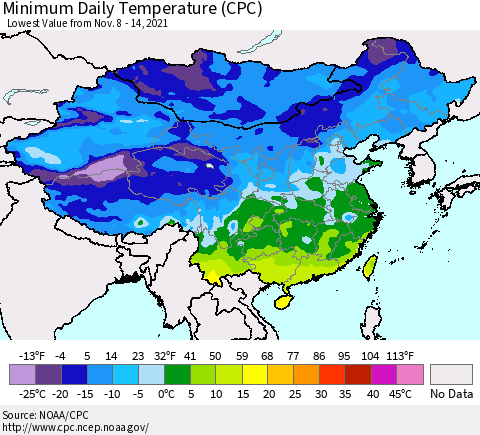 China, Mongolia and Taiwan Minimum Daily Temperature (CPC) Thematic Map For 11/8/2021 - 11/14/2021