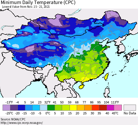 China, Mongolia and Taiwan Minimum Daily Temperature (CPC) Thematic Map For 11/15/2021 - 11/21/2021