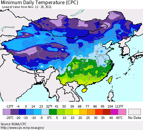 China, Mongolia and Taiwan Minimum Daily Temperature (CPC) Thematic Map For 11/22/2021 - 11/28/2021