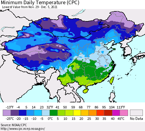 China, Mongolia and Taiwan Minimum Daily Temperature (CPC) Thematic Map For 11/29/2021 - 12/5/2021