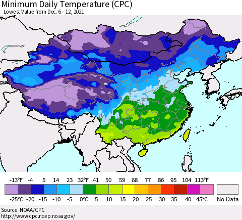 China, Mongolia and Taiwan Minimum Daily Temperature (CPC) Thematic Map For 12/6/2021 - 12/12/2021