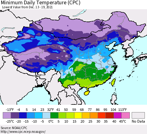 China, Mongolia and Taiwan Minimum Daily Temperature (CPC) Thematic Map For 12/13/2021 - 12/19/2021