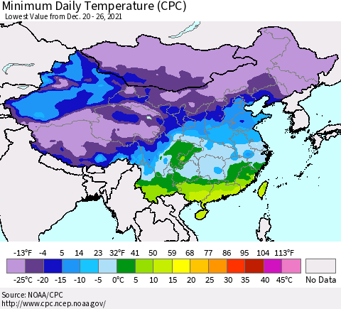 China, Mongolia and Taiwan Minimum Daily Temperature (CPC) Thematic Map For 12/20/2021 - 12/26/2021