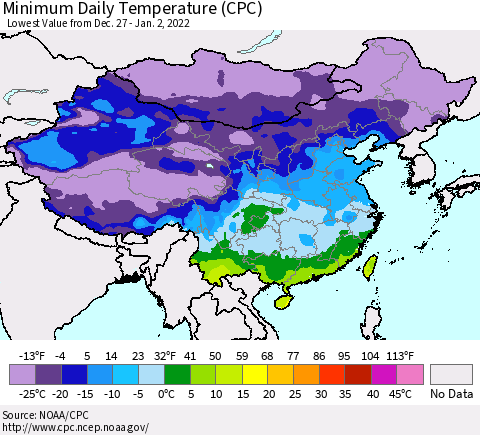 China, Mongolia and Taiwan Minimum Daily Temperature (CPC) Thematic Map For 12/27/2021 - 1/2/2022