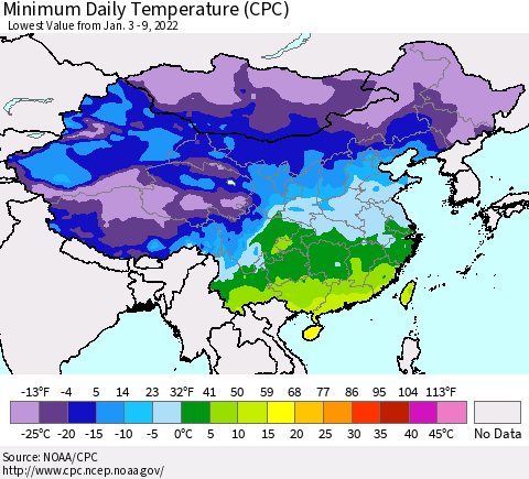 China, Mongolia and Taiwan Minimum Daily Temperature (CPC) Thematic Map For 1/3/2022 - 1/9/2022