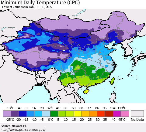 China, Mongolia and Taiwan Minimum Daily Temperature (CPC) Thematic Map For 1/10/2022 - 1/16/2022
