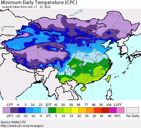 China, Mongolia and Taiwan Minimum Daily Temperature (CPC) Thematic Map For 1/17/2022 - 1/23/2022