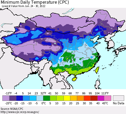 China, Mongolia and Taiwan Minimum Daily Temperature (CPC) Thematic Map For 1/24/2022 - 1/30/2022