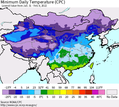 China, Mongolia and Taiwan Minimum Daily Temperature (CPC) Thematic Map For 1/31/2022 - 2/6/2022