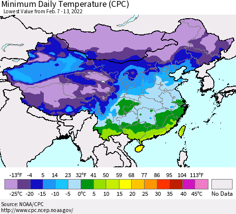 China, Mongolia and Taiwan Minimum Daily Temperature (CPC) Thematic Map For 2/7/2022 - 2/13/2022