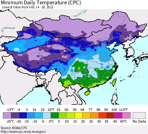 China, Mongolia and Taiwan Minimum Daily Temperature (CPC) Thematic Map For 2/14/2022 - 2/20/2022