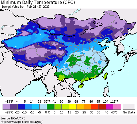 China, Mongolia and Taiwan Minimum Daily Temperature (CPC) Thematic Map For 2/21/2022 - 2/27/2022