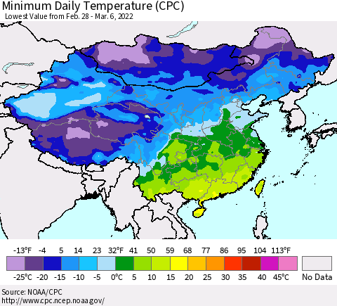 China, Mongolia and Taiwan Minimum Daily Temperature (CPC) Thematic Map For 2/28/2022 - 3/6/2022