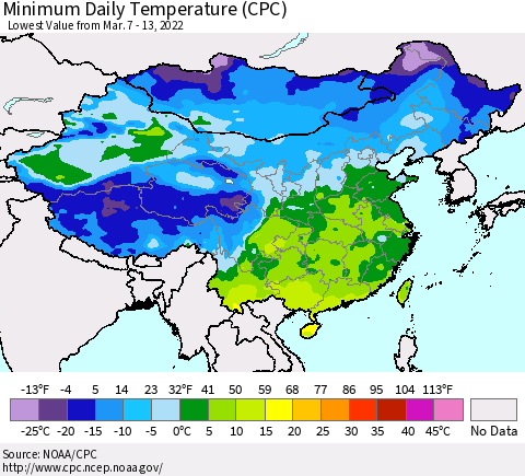China, Mongolia and Taiwan Minimum Daily Temperature (CPC) Thematic Map For 3/7/2022 - 3/13/2022