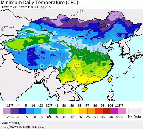 China, Mongolia and Taiwan Minimum Daily Temperature (CPC) Thematic Map For 3/14/2022 - 3/20/2022