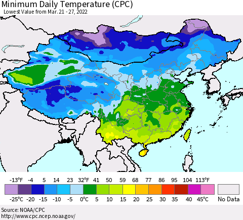 China, Mongolia and Taiwan Minimum Daily Temperature (CPC) Thematic Map For 3/21/2022 - 3/27/2022