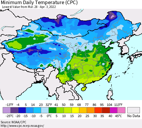 China, Mongolia and Taiwan Minimum Daily Temperature (CPC) Thematic Map For 3/28/2022 - 4/3/2022