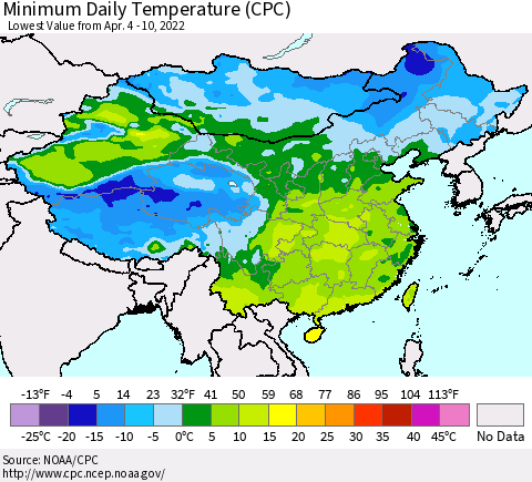 China, Mongolia and Taiwan Minimum Daily Temperature (CPC) Thematic Map For 4/4/2022 - 4/10/2022