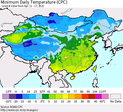 China, Mongolia and Taiwan Minimum Daily Temperature (CPC) Thematic Map For 4/11/2022 - 4/17/2022