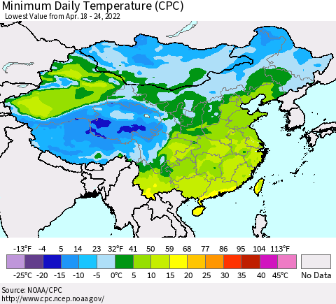 China, Mongolia and Taiwan Minimum Daily Temperature (CPC) Thematic Map For 4/18/2022 - 4/24/2022