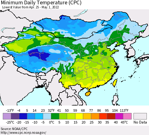 China, Mongolia and Taiwan Minimum Daily Temperature (CPC) Thematic Map For 4/25/2022 - 5/1/2022