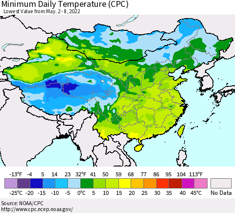 China, Mongolia and Taiwan Minimum Daily Temperature (CPC) Thematic Map For 5/2/2022 - 5/8/2022