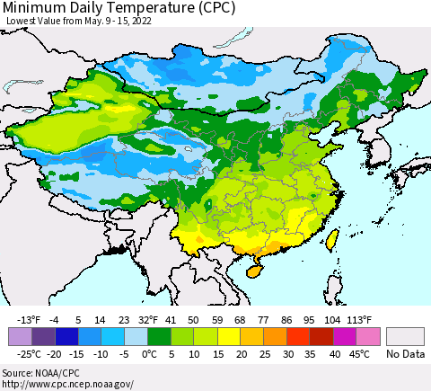 China, Mongolia and Taiwan Minimum Daily Temperature (CPC) Thematic Map For 5/9/2022 - 5/15/2022