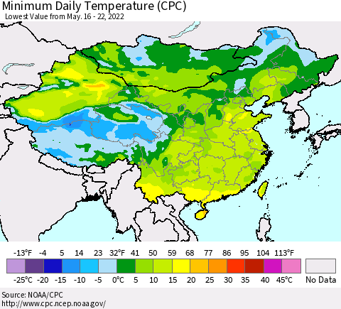 China, Mongolia and Taiwan Minimum Daily Temperature (CPC) Thematic Map For 5/16/2022 - 5/22/2022