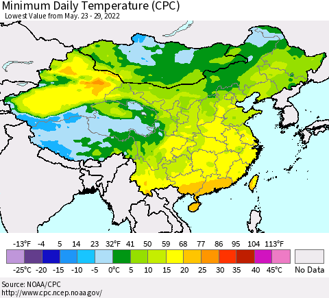 China, Mongolia and Taiwan Minimum Daily Temperature (CPC) Thematic Map For 5/23/2022 - 5/29/2022