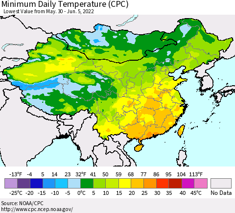 China, Mongolia and Taiwan Minimum Daily Temperature (CPC) Thematic Map For 5/30/2022 - 6/5/2022