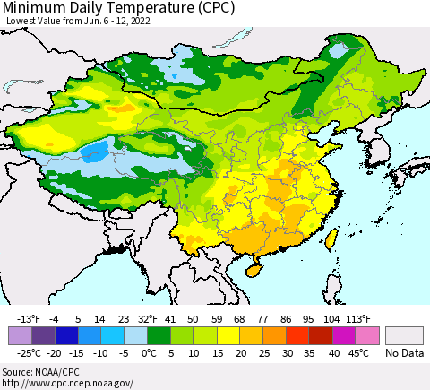 China, Mongolia and Taiwan Minimum Daily Temperature (CPC) Thematic Map For 6/6/2022 - 6/12/2022