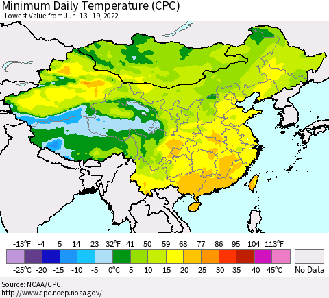 China, Mongolia and Taiwan Minimum Daily Temperature (CPC) Thematic Map For 6/13/2022 - 6/19/2022