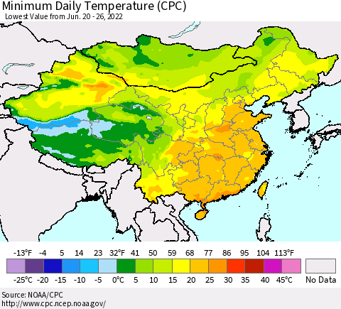 China, Mongolia and Taiwan Minimum Daily Temperature (CPC) Thematic Map For 6/20/2022 - 6/26/2022
