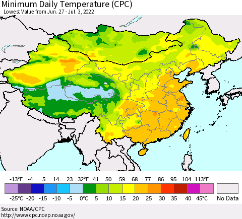 China, Mongolia and Taiwan Minimum Daily Temperature (CPC) Thematic Map For 6/27/2022 - 7/3/2022