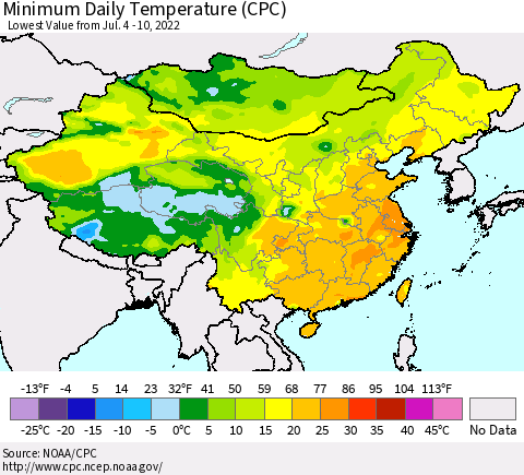 China, Mongolia and Taiwan Minimum Daily Temperature (CPC) Thematic Map For 7/4/2022 - 7/10/2022
