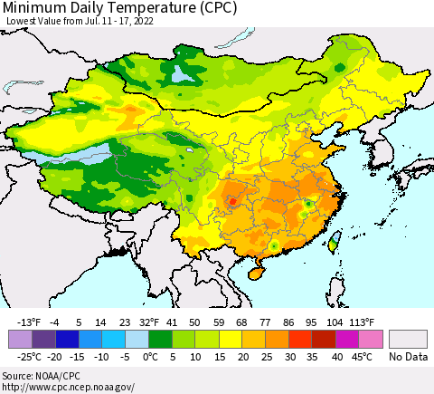 China, Mongolia and Taiwan Minimum Daily Temperature (CPC) Thematic Map For 7/11/2022 - 7/17/2022