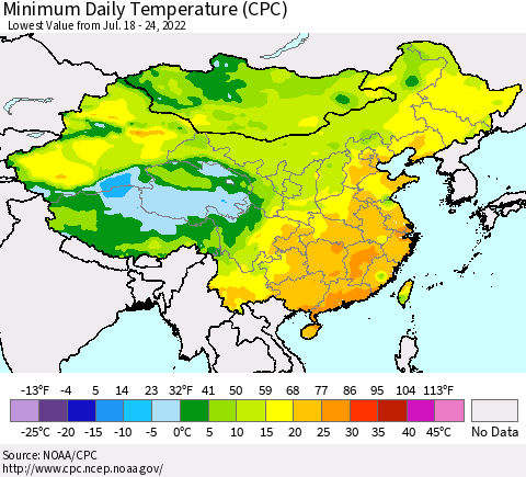 China, Mongolia and Taiwan Minimum Daily Temperature (CPC) Thematic Map For 7/18/2022 - 7/24/2022