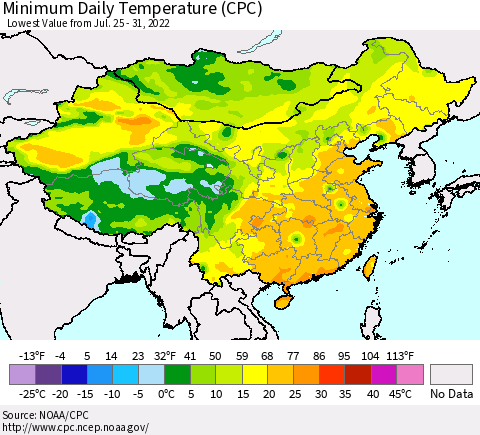 China, Mongolia and Taiwan Minimum Daily Temperature (CPC) Thematic Map For 7/25/2022 - 7/31/2022