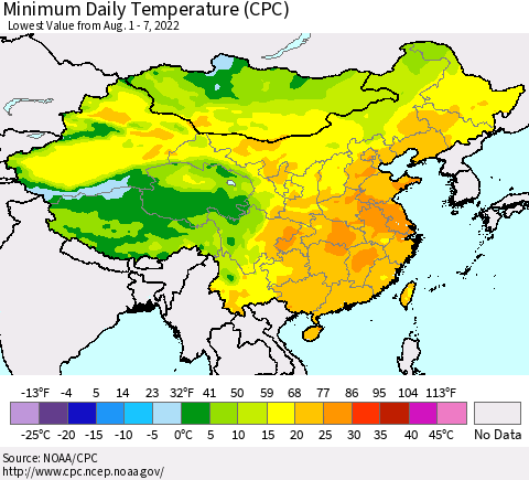 China, Mongolia and Taiwan Minimum Daily Temperature (CPC) Thematic Map For 8/1/2022 - 8/7/2022