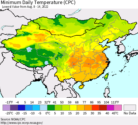 China, Mongolia and Taiwan Minimum Daily Temperature (CPC) Thematic Map For 8/8/2022 - 8/14/2022