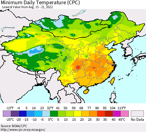 China, Mongolia and Taiwan Minimum Daily Temperature (CPC) Thematic Map For 8/15/2022 - 8/21/2022