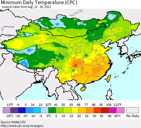 China, Mongolia and Taiwan Minimum Daily Temperature (CPC) Thematic Map For 8/22/2022 - 8/28/2022