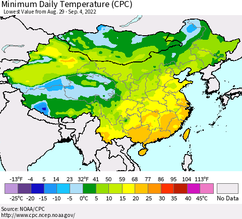 China, Mongolia and Taiwan Minimum Daily Temperature (CPC) Thematic Map For 8/29/2022 - 9/4/2022