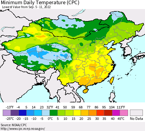 China, Mongolia and Taiwan Minimum Daily Temperature (CPC) Thematic Map For 9/5/2022 - 9/11/2022